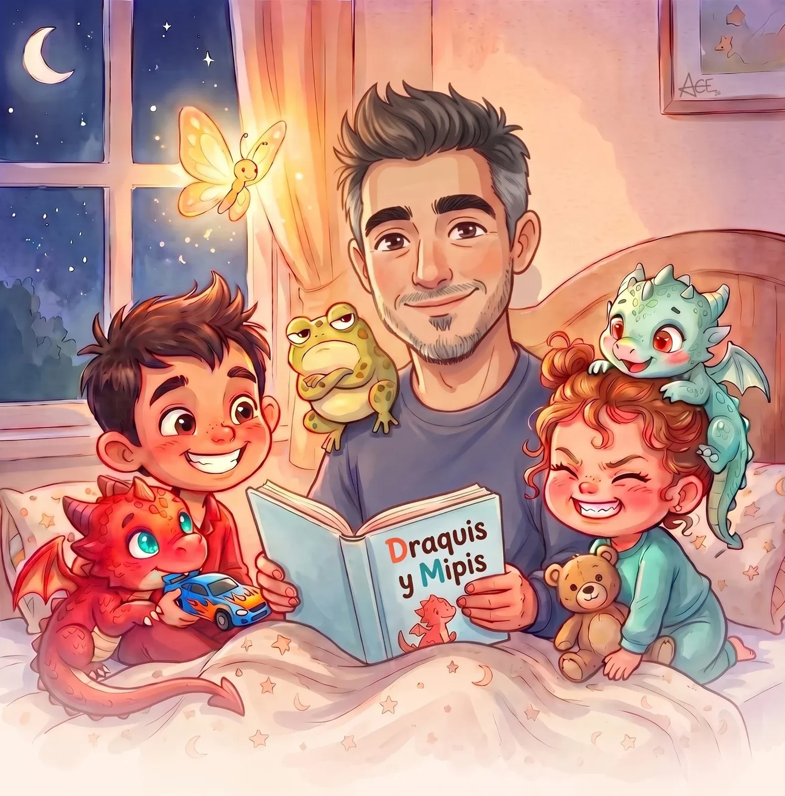 Salva reading Draquis & Mipis to his little ones in bed, surrounded by Draquis, Mipis, Grumbles and the butterfly of light