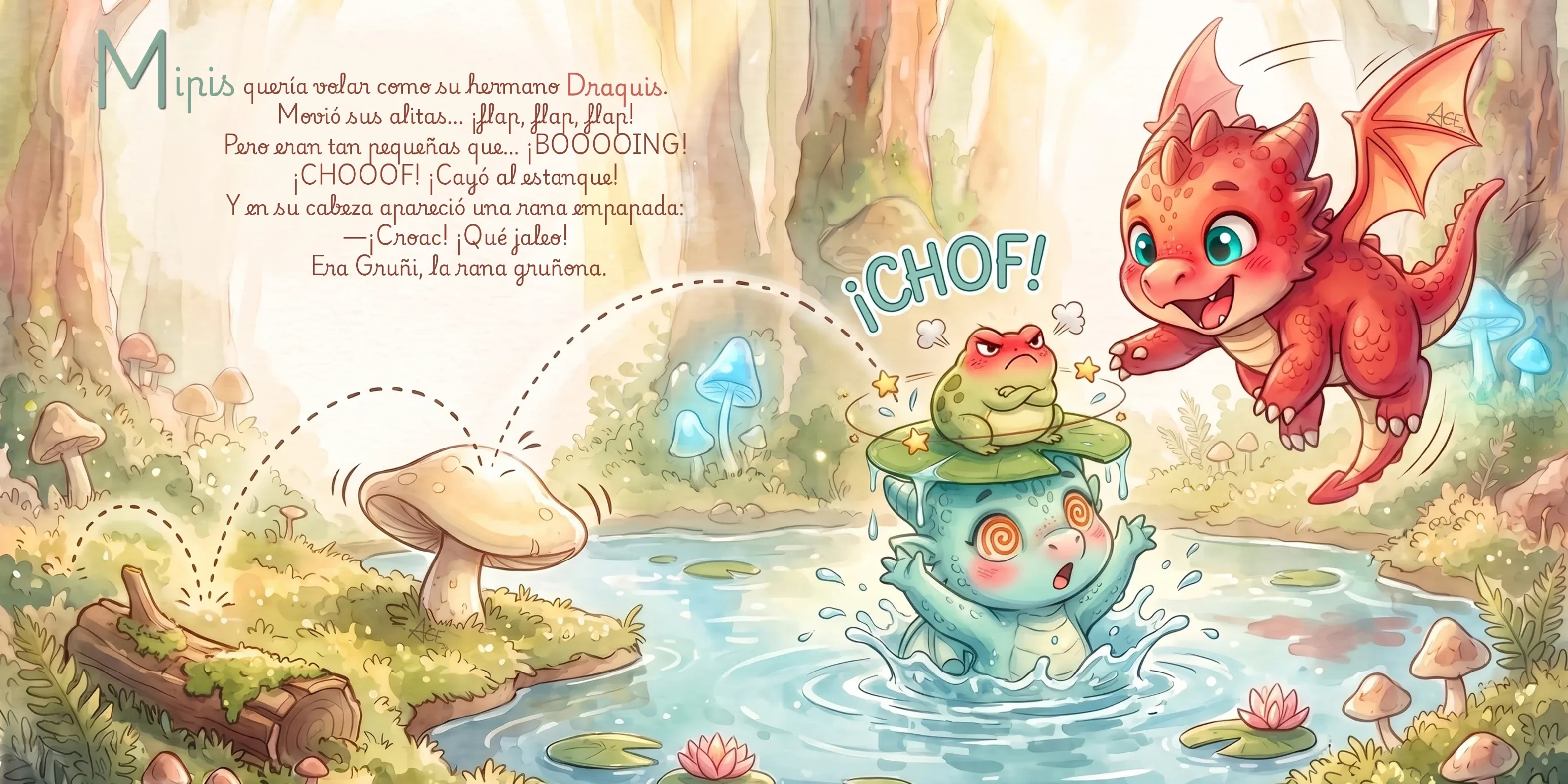 Escena 5 · Mipis quiere volar… ¡y acaba en la charca de Gruñi! — Draquis y Mipis: ¡Qué jaleo en el bosque!